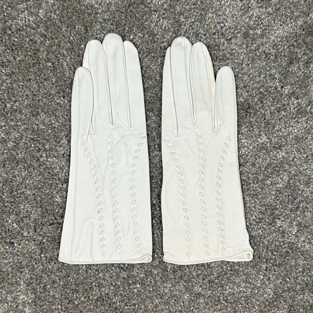Vintage White Leather Dress Gloves Mid Length Decorative Stitching Size 7.75